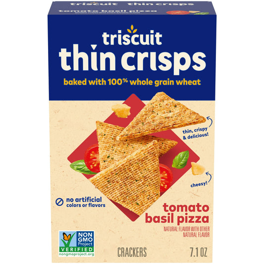 Triscuit Thin Crisps Tomato Basil Pizza Whole Grain Wheat Crackers are made simply with quality ingredients. Baked to perfection, these snack crackers use 100% whole grain wheat proudly grown in the USA and sunflower oil. These tomato basil crackers have their signature woven texture, are Kosher, Non-GMO, have no artificial colors or flavors and are a good source of dietary fiber (see nutritional information for fat content).