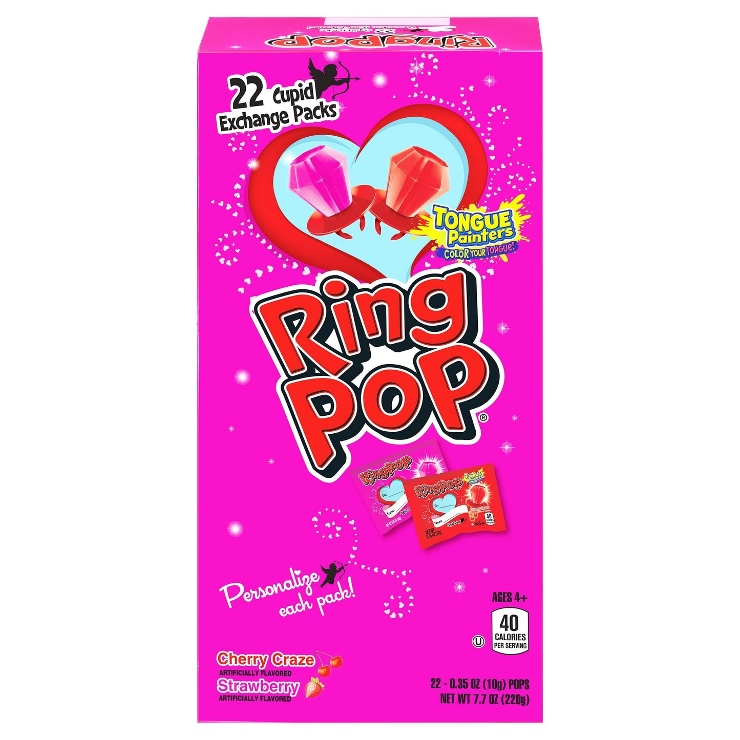 Ring Pop, Valentine Candy Lollipops, Kosher, Cherry Craze and Strawberry, Sucker Candy, 7.7 oz, 22 Count. Great for Valentine's Day gifting with the playful charm of our Ring Pop Lollipop Valentine's Exchange Box! Each pack includes 22 individually wrapped Ring Pops, decorated in Valentine's Day designs, featuring a convenient To and from label. Perfect for classroom exchanges, these wearable hard candy lollipops, with their dazzling candy gems, make a eye catching treat. Bring a touch of sweetness and fun 