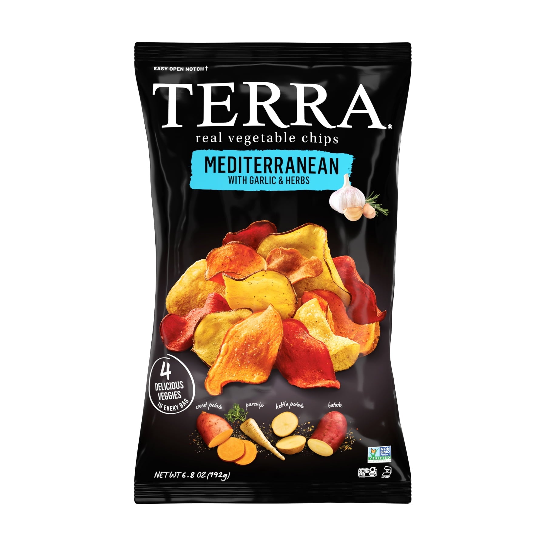 Open up a bag of TERRA Mediterranean Vegetable Chips for a unique and sophisticated snacking experience. This chip blend features kettle potato, sweet potato, batata, parsnip and beet-dipped vegetables enhanced with garlic, oregano, olive oil and a hint of lemon. As colorful as they are delicious, our chips are made with real, non-GMO vegetables for a treat that's gluten-free. Over 3 decades ago, two New York Chefs came together and created a snack that not only tasted incredible but looked incredible too -