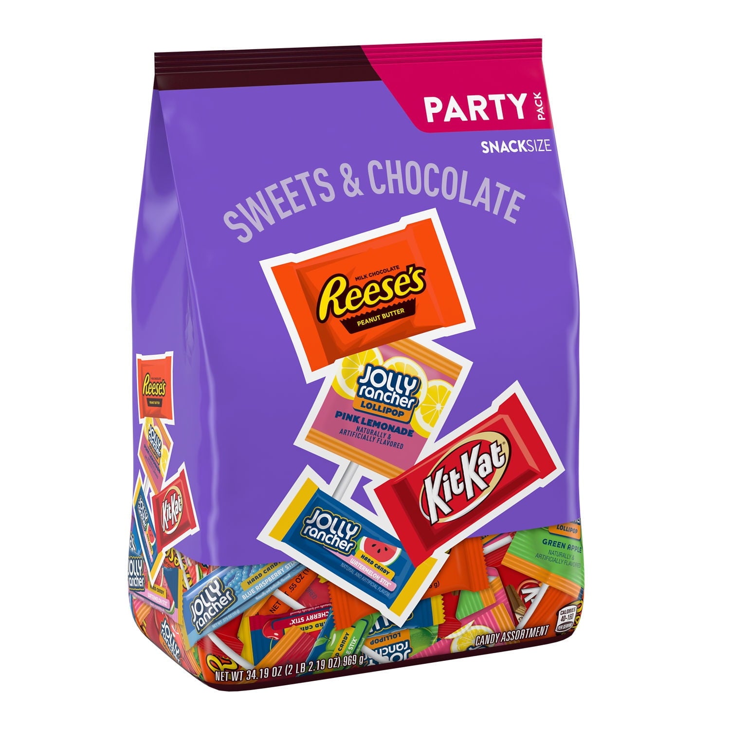 Enjoy a delicious chocolatey or fruit flavored treat anytime and anywhere with JOLLY RANCHER, KIT KAT and REESE'S sweets and chocolate assorted flavored snack size candy. Offering four crowd-pleasing favorites, this bulk candy bag is perfect for sharing with your family, friends and even co-workers. Take a bulk bag into the office break room, pour some individually wrapped candies into a jar at home or take a bag to your next sports game to celebrate the win.