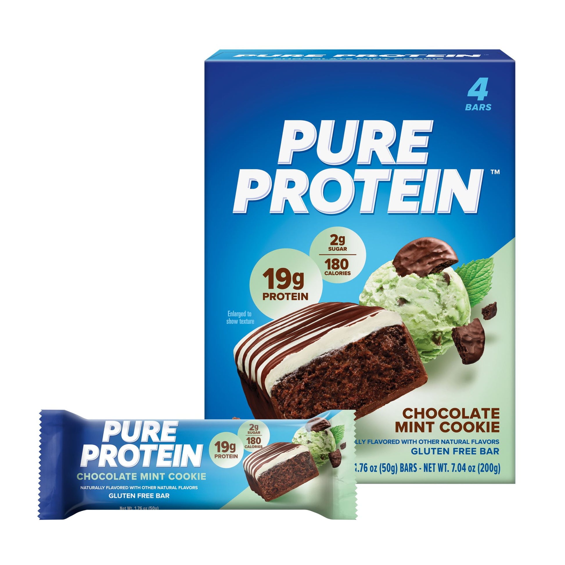 Pure Protein Chocolate Mint Cookie Bars are delicious, high-protein snacks with high-quality protein that supports building lean muscle and strength. These chocolate mint cookie protein bars contain whey protein isolate, and are gluten free. Each protein bar contains 20 grams of protein, 180 calories , and 2 grams of sugar, to support your busy and active lifestyle and help you to build lean muscle. Grab a Pure Protein bar for high-quality protein, an essential part of a nutritious, balanced diet. With deli