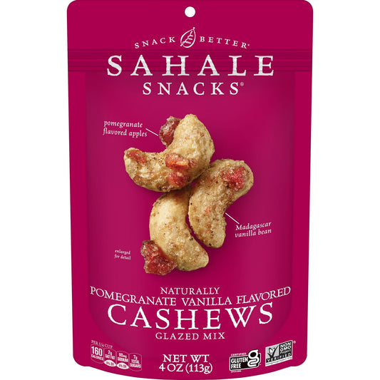 Treat your palate to the rich, sweet and subtly tart flavor of Sahale Snacks Pomegranate Vanilla Flavored Cashews Glazed Mix. This delicious snack is crafted with dry-roasted whole cashews and pomegranate flavored apples and finished with a pinch of rich, fragrant Madagascar vanilla. A tasty glaze holds all the ingredients together to ensure a perfect balance of flavors in every bite. Delicious straight out of the bag, this mix also shines as an ingredient in your favorite recipes. The convenient resealable