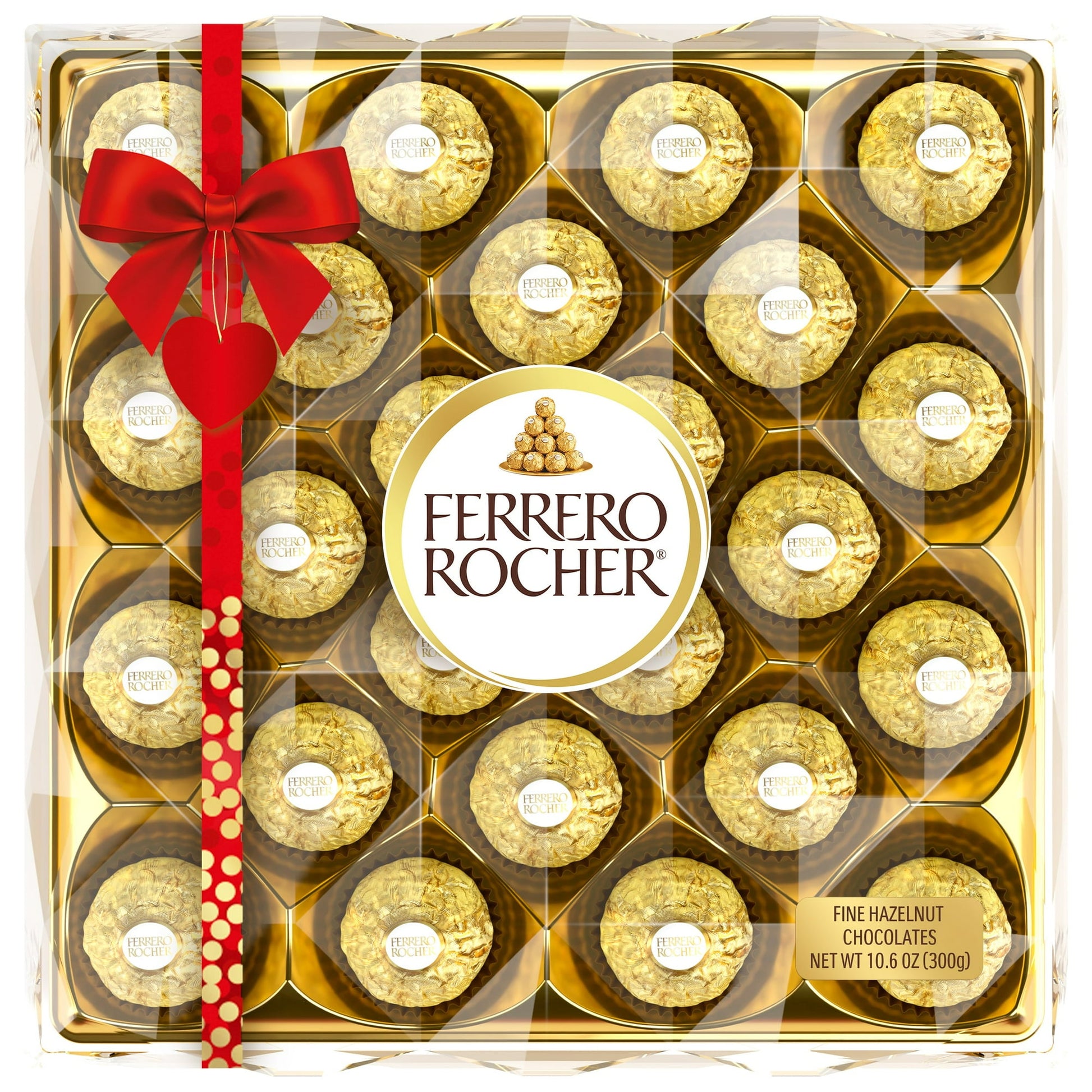 Ferrero Rocher Fine Hazelnut Milk Chocolate, 24 Count, Chocolate Candy Gift Box, 10.6 oz. Ferrero Rocher offers a unique taste experience of contrasting layers: a whole crunchy hazelnut in the heart, a delicious creamy hazelnut filling, a crisp wafer shell covered with chocolate and gently roasted pieces. And thanks to its inimitable golden wrapper Ferrero Rocher is even more unique and special. The iconic original.Ferrero Rocher Premium Milk Chocolate Hazelnut, Valentine's Chocolate Gift Box, 24 Count