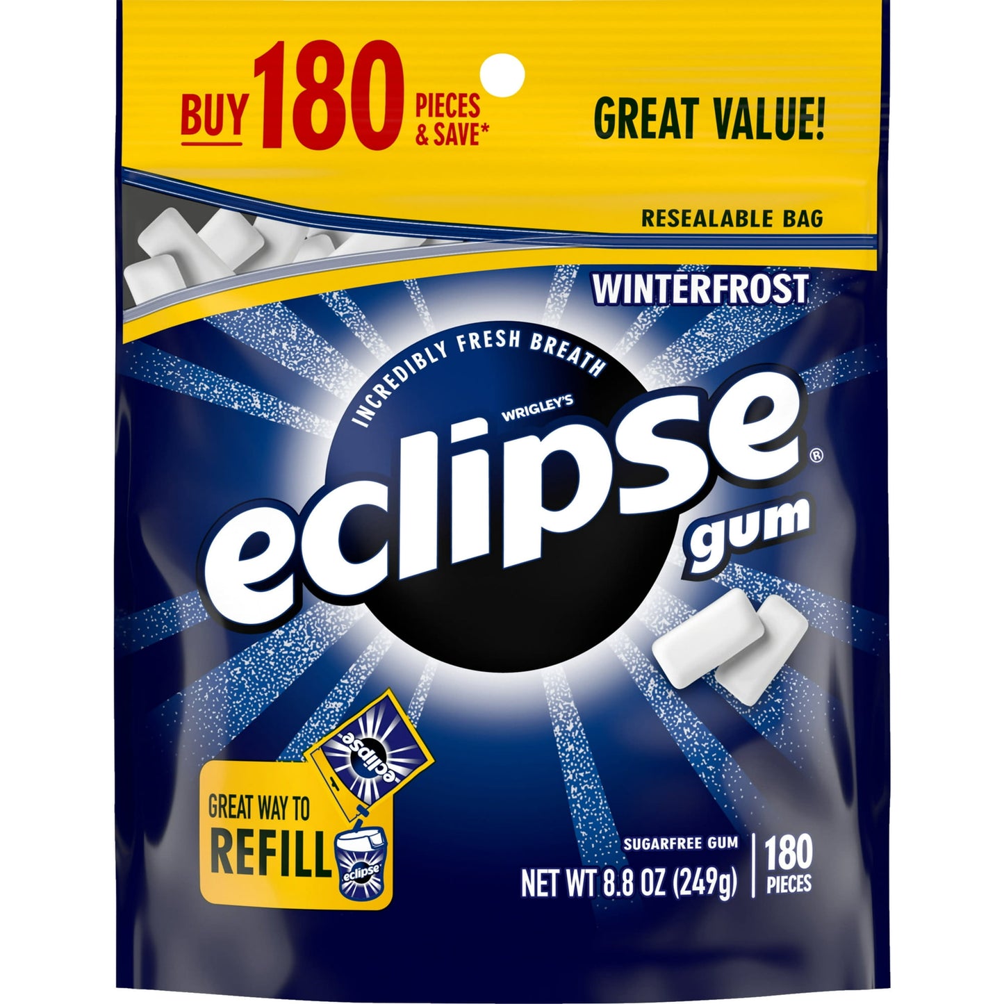 Start a blizzard in your mouth with ECLIPSE Winterfrost Sugarfree Chewing Gum. Crunch into the crisp, minty outer shell to release a cool burst of refreshing minty flavor. Get incredibly fresh breath whenever you need it with bulk packs of ECLIPSE Sugarfree Chewing Gum. This resealable pack of ECLIPSE Winterfrost Gum makes it easy to refill smaller containers. This minty gum is easy to store in the pantry, so you'll always have your favorite flavors on hand. Stock the office breakroom or your desk drawer wi