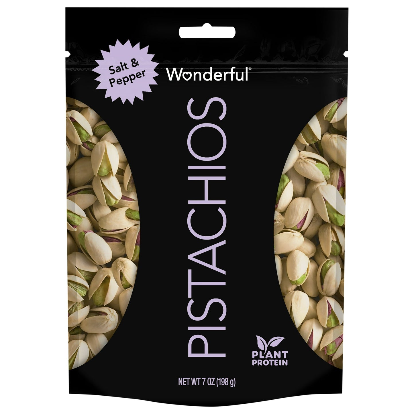 One 7 Ounce Resealable Pouch of Wonderful Salt & Pepper Flavored Pistachios. Shake it up with Salt & Pepper Wonderful Pistachios. These pistachios are loaded with tasty goodness, and seasoned with salt, spicy black pepper, with a dash of garlic. Rich and flavorful, they add a little pizzazz to smart snackin?.