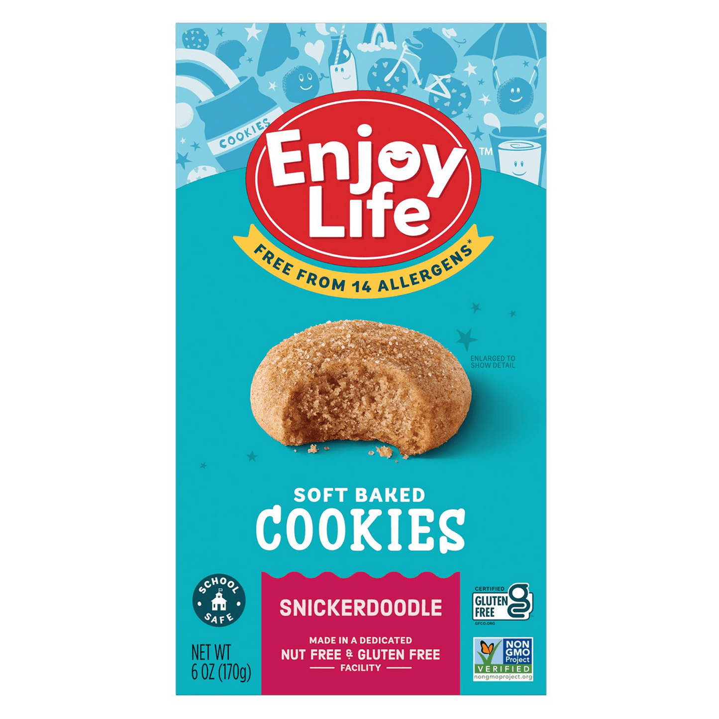 For great-tasting nut-free cookies that let you eat freely, choose Enjoy Life Snickerdoodle Soft Baked Cookies. These snickerdoodle cookies are made with nutrient-dense ancient grains that are finely milled into a well-balanced flour blend and combined with the perfect amount of cinnamon. These soft vegan cookies are made in a dedicated gluten-free facility. Non-GMO Project Verified and certified gluten-free, vegan, kosher, these snickerdoodle cookies are a perfect worry-free snack. Made with premium, free-