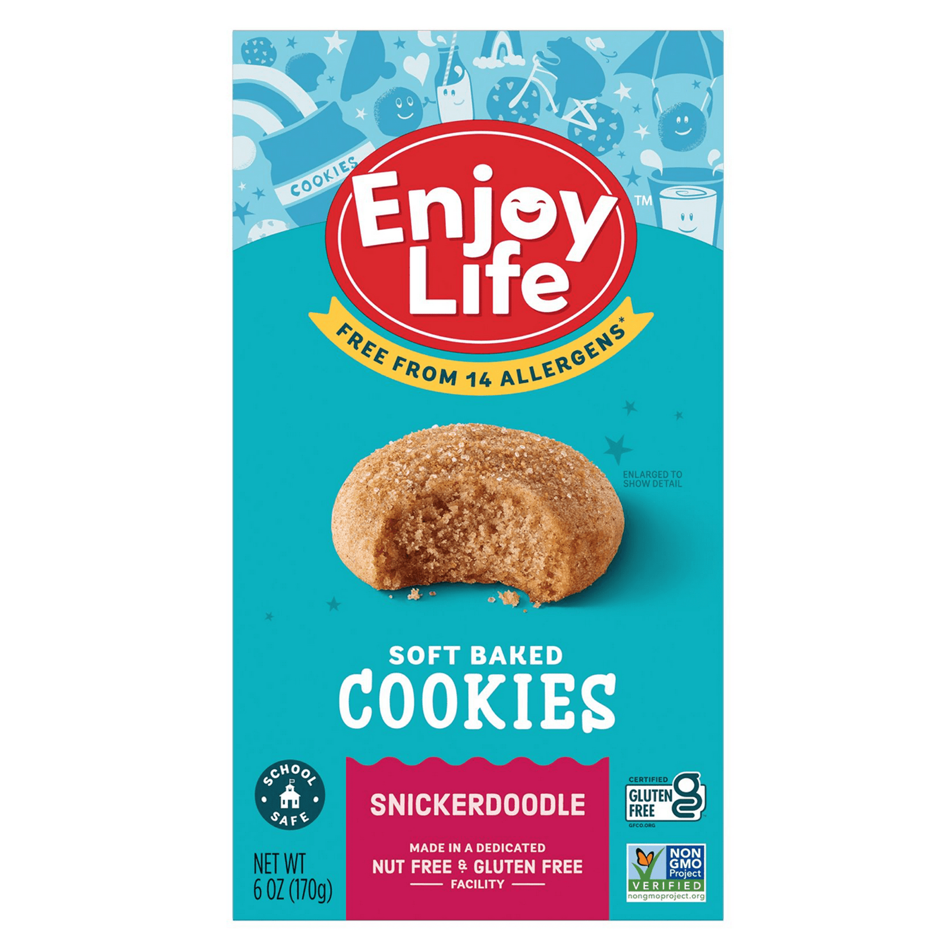 For great-tasting nut-free cookies that let you eat freely, choose Enjoy Life Snickerdoodle Soft Baked Cookies. These snickerdoodle cookies are made with nutrient-dense ancient grains that are finely milled into a well-balanced flour blend and combined with the perfect amount of cinnamon. These soft vegan cookies are made in a dedicated gluten-free facility. Non-GMO Project Verified and certified gluten-free, vegan, kosher, these snickerdoodle cookies are a perfect worry-free snack. Made with premium, free-