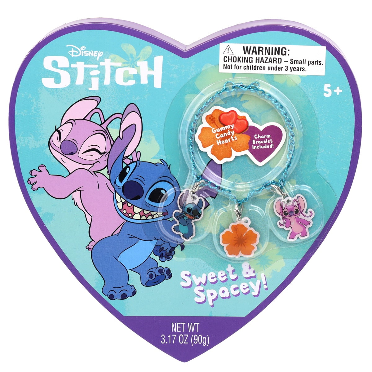 Disney Stitch Gummy Valentine's Heart Box with Charm Bracelet, 3.17oz. This fun novelty heart box is filled with delicious red fruit flavored gummy candy hearts. The heart box includes an adorable charm bracelet with colorful character charms from the Disney Stitch movie. A special gift for your special Valentine! "Sweet & Spacey!" Net weight 3.17 ounces. Recommended for children 5+. Brought to you by Frankford Candy LLC.