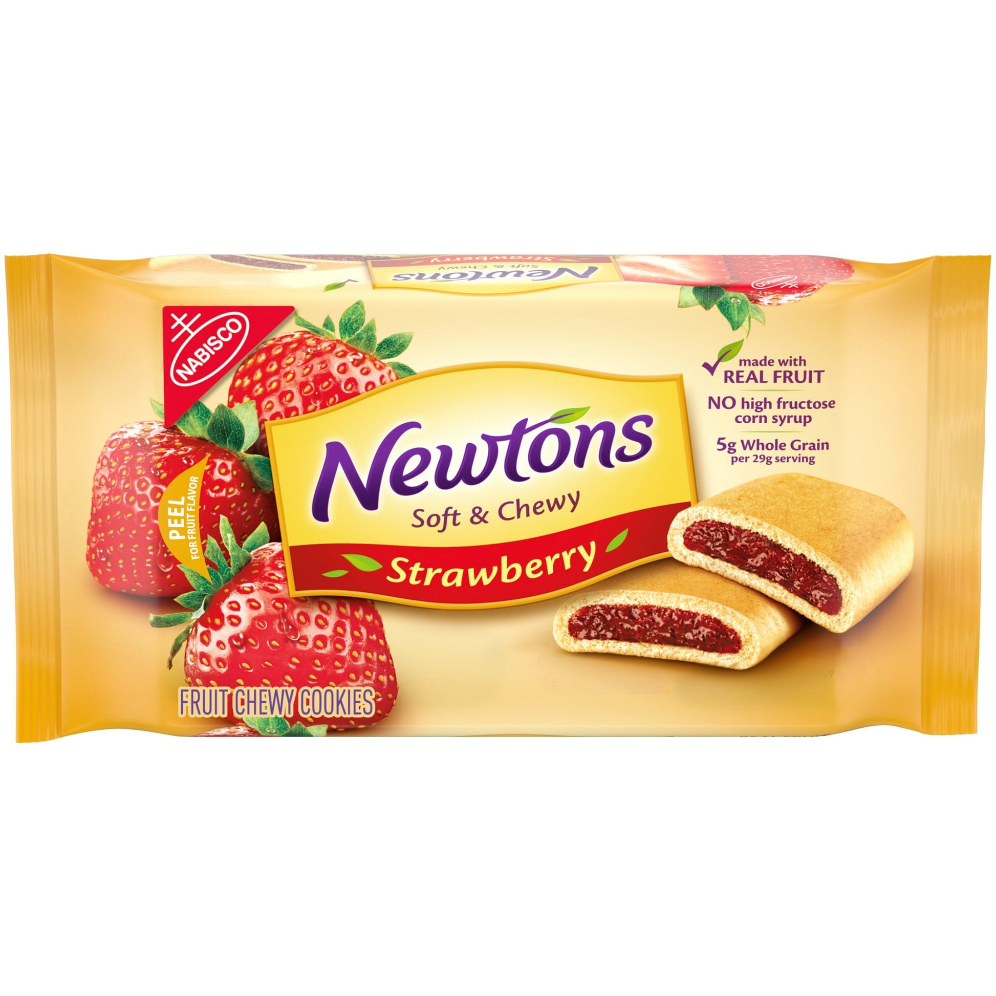 Newtons Soft and Fruit Chewy Strawberry Cookies are made with real fruit, have 5 g of whole grains per 29 g serving, no high fructose corn syrup and are certified Kosher. Grab a rectangle fruit bar for a quick breakfast cookie on busy mornings. Keep these strawberry Newtons cookie snacks in your desk for a lunch snack or open a pack of these fruit cookies after dinner and pair strawberry bars with ice cream for dessert. These chewy fruit snack cookies make delicious snacks for kids and adults.