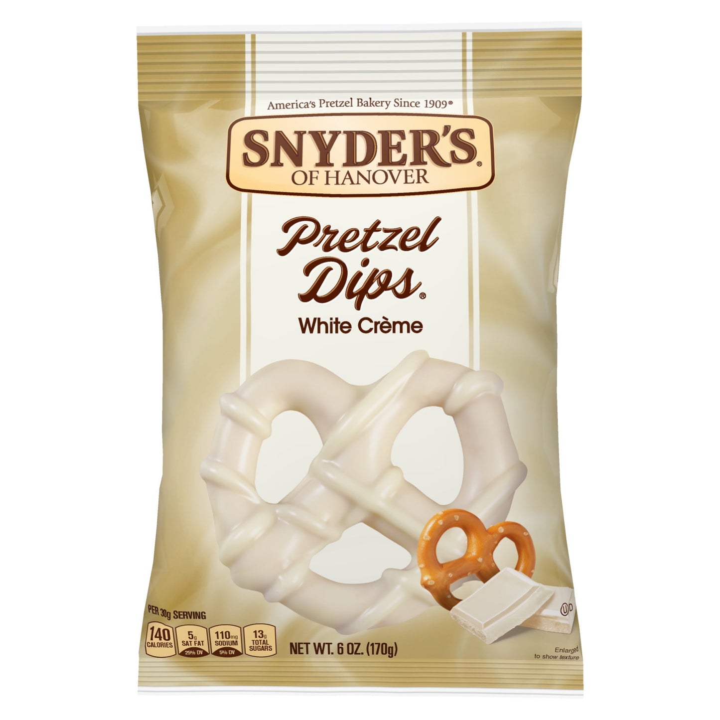 To create Snyder's White Creme Dips, we paired the awesome crunch of Snyder's of Hanover Mini Pretzels with the sweet cocoa-butter flavor of white creme to create the perfect gourmet combination. They're the perfect salty and sweet treat you can enjoy anytime. Snyder's of Hanover has been America's Pretzel Bakery since 1909 and our pretzels give you that delicious crunch for the perfect snack! Non-GMO project verified and made in a facility that does not process peanuts, Snyder's of Hanover pretzels are mad