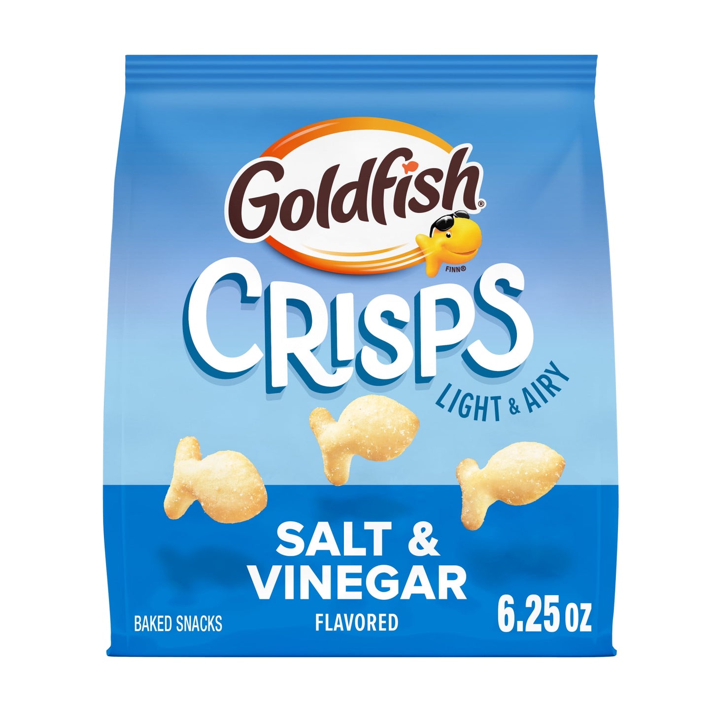 Experience New Salt and Vinegar Flavored Goldfish Crisps! These irresistible Goldfish are light and airy, always baked, and seasoned to perfection. New bite-sized Goldfish Crisps are the perfect chip-like snack, baked with potato and wheat! With the crisp flavors of delicious salt and tangy vinegar, these crisps are seasoned to perfection and ready for your enjoyment. The 6.25-ounce bag is perfect for sharing, solo snacking, or taking on the go. Try these delicious, fish shaped crisps - available in Cheddar