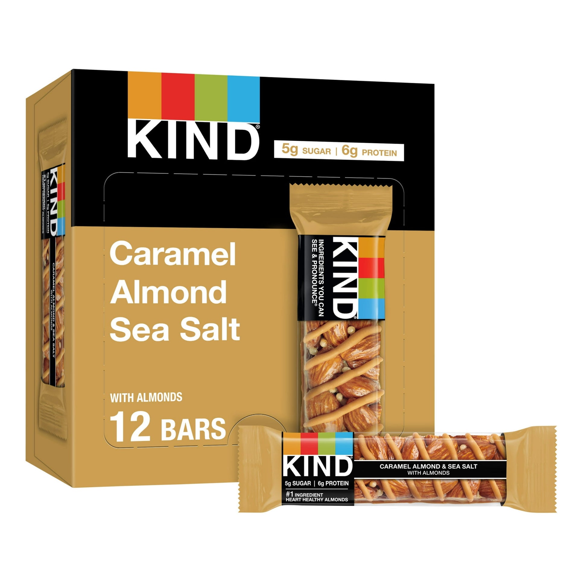 KIND Caramel Almond & Sea Salt bars are satisfying gluten free bars packed with nuts and caramel These KIND nut bars lead with heart healthy almonds as the #1 ingredient and combine almonds, caramel and sea salt to deliver delicious taste with a little crunch. KIND bars Caramel Almond & Sea Salt contain 5 grams of sugar, 6 grams of protein, and are high in fiber. This KIND nut bar is gluten free, has a low glycemic index, and is made without genetically engineered ingredients. Contains 15g of fat per bar. I