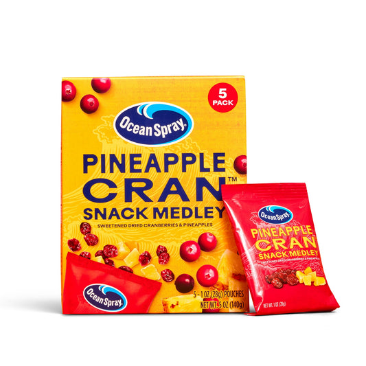 Big bold flavors. Perfectly portioned. Ocean Spray® Pineapple Cran™ Snack Medley. The cranberry flavor you know and love, paired with tropical pineapple for the ultimate sweet and tangy fruit snack experience. Enjoy a dried fruit snack pack anytime, anywhere. Lunch snacks at school. Afternoon bites on the way to practice. Late-night cravings on road trips. It's always the right time for these single serve snacks. Made from real fruit for the bold flavor of dried cranberries and dried pineapples. Transform b