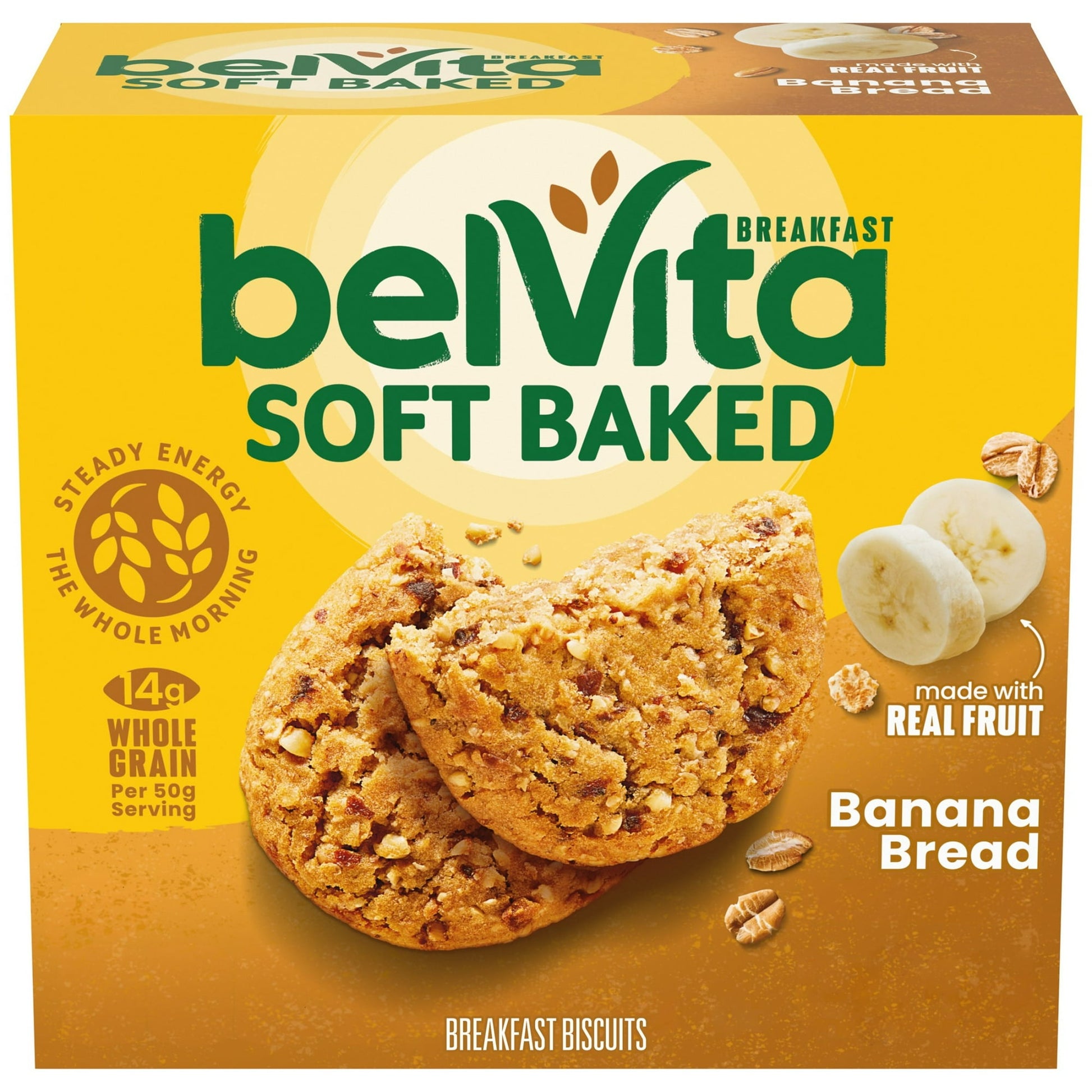 belVita Soft Baked Banana Bread Breakfast Biscuits are the wholesome breakfast biscuits you enjoy minus the crunch. Specially baked, these chewy breakfast bars are made with wholesome grains and contain slow-release carbs that break down gradually in the body to deliver steady energy all morning long. Each 50g serving contains 14g of whole grain and 4g of fiber with no high-fructose corn syrup and no artificial colors or flavors.