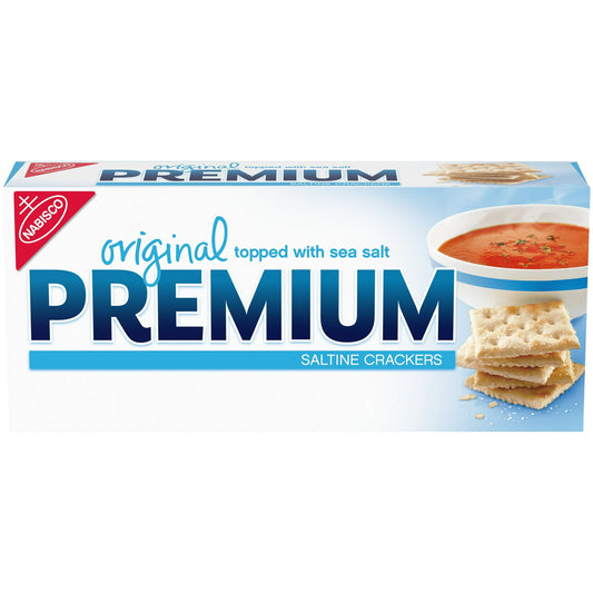 Premium Original Saltine Crackers are time-tested and delicious. The original recipe offers a light flavor and crispy texture with sea salt on top for the perfect amount of saltiness to complement a variety of foods. Topped with coarse sea salt, saltine crackers are the perfect salty and crunchy complement to so many dishes. Enjoy these snack crackers dipped or crumbled into your favorite stews, soups or chili. Plastic sleeves keep these soda crackers fresh in the 8 ounce box until you're ready to savor the