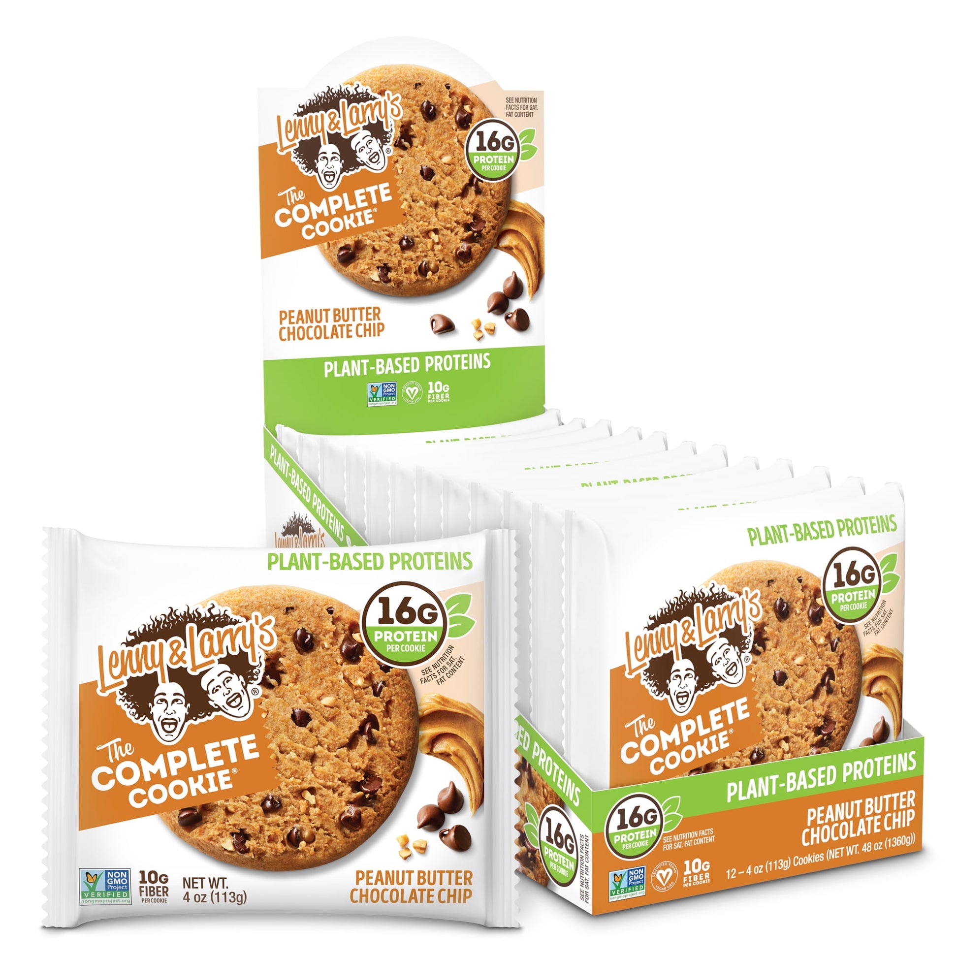 Lenny & Larry's The Complete Cookie offers you a convenient source of plant-based proteins that taste downright delicious. Nothing tastes better than creamy peanut butter and rich chocolate – yummy! Peanut Butter Chocolate Chip is a sweet, delectable plant-based protein treat that is hard to resist. Treat your taste buds, BIG time! With up to 16g of plant-based proteins and 10g of fiber, our dairy-free, no egg, vegan and NGP Verified cookie is a shockingly delicious choice for a healthier snack option. No e