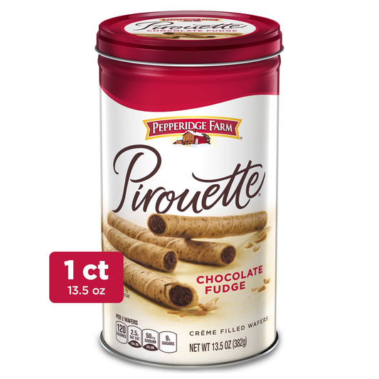 Whether paired with morning tea or coffee, added as an adorable cupcake decoration, or partnered with ice cream, Pepperidge Farm Pirouette Chocolate Fudge Créme-Filled Wafers deliver absolute indulgence in every perfect bite. These pastry-like wafers are baked to a delicate crisp, and filled with a luscious, creamy chocolate fudge filling. They have a European flair that makes serving them extra special - even if it’s a treat just for you. The 13.5-ounce tin helps keep them fresh, so you can continue to sav