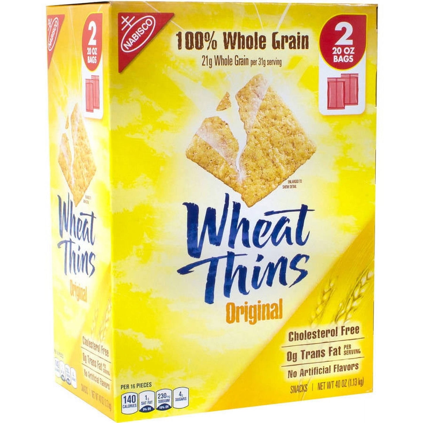 Savor the tasty whole-grain crunch of Nabisco Wheat Thins. They're free of high fructose corn syrup and artificial flavors. These Original Wheat Thins (40 oz) make a delicious and heart-healthy snack. Enjoy them at home while watching TV or take them to work for snack breaks. You can even garnish them with your favorite toppings like cheese, guacamole and ricotta.