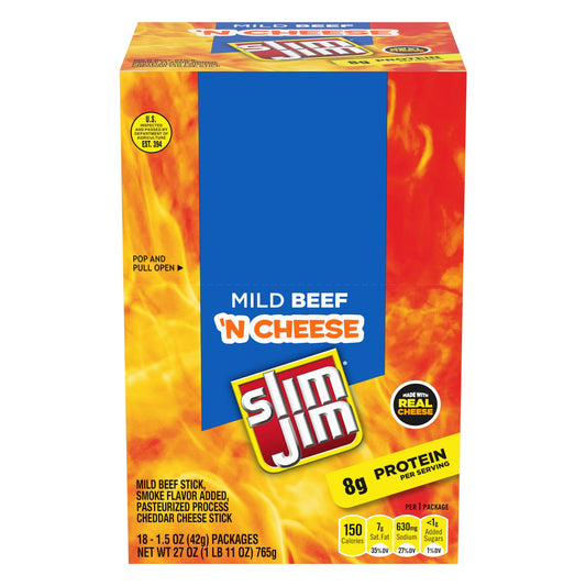 Slim Jim Beef and Cheese Stick is the power couple that's here to rescue you from the boredom of snacking on bland single flavors. This tasty combination of meat and cheese is the perfect way to satisfy that roaring in your belly. This duo comes with 10 grams of protein in each serving, a great way to match that midday hunger. Snap into Slim Jim Beef and Cheese Stick, recharge your energy, and feel satisfied with this meaty, cheesy (not cheese), one-of-a-kind combo. Because bread always got in the way of th