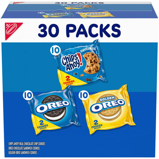 This Sweet Treats Cookie Variety Pack includes assorted Nabisco snacks in convenient snack packs. OREO chocolate sandwich cookies have the original creme filling. OREO Golden cookies offer a vanilla take on the classic. CHIPS AHOY! chocolate chip cookies are filled with crunchy goodness. Tuck these sweet snacks into your office or school lunch or take with you on the go. Each individually wrapped packs includes 2 cookies making them great for sharing or giving out as party favors or holiday treats.