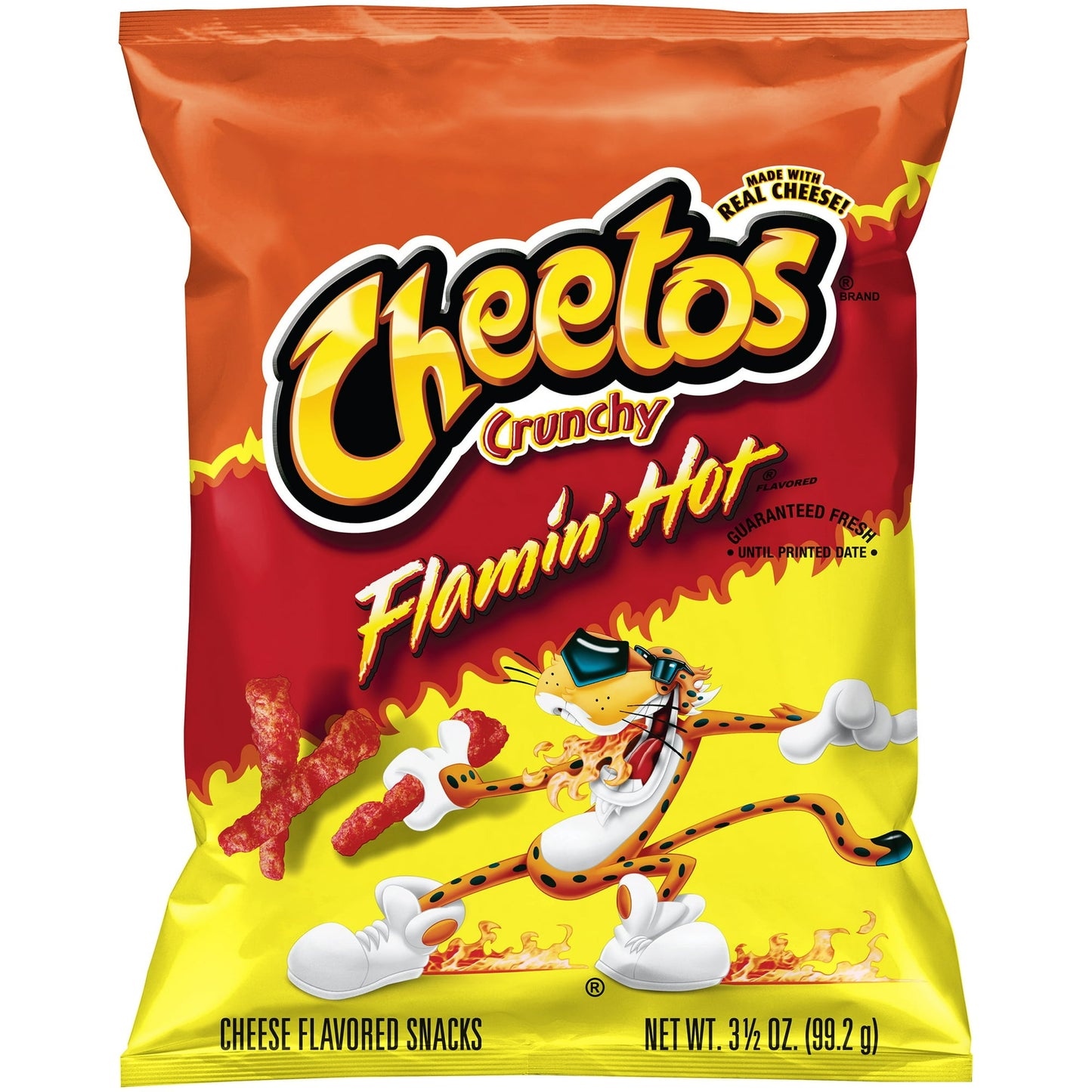 Satisfy your cravings with these Cheetos Flamin' Hot Crunchy. They're the much-loved treats that are fun for everyone. These cheese-flavored snacks have a delicious taste with a kick. They are suitable for sharing with family and friends. Enjoy them when watching a favorite television show or movie. Pour them into a bowl for serving guests when they come over. This on-the-go food comes in a 3.5 oz bag and is available in your choice of pack sizes.