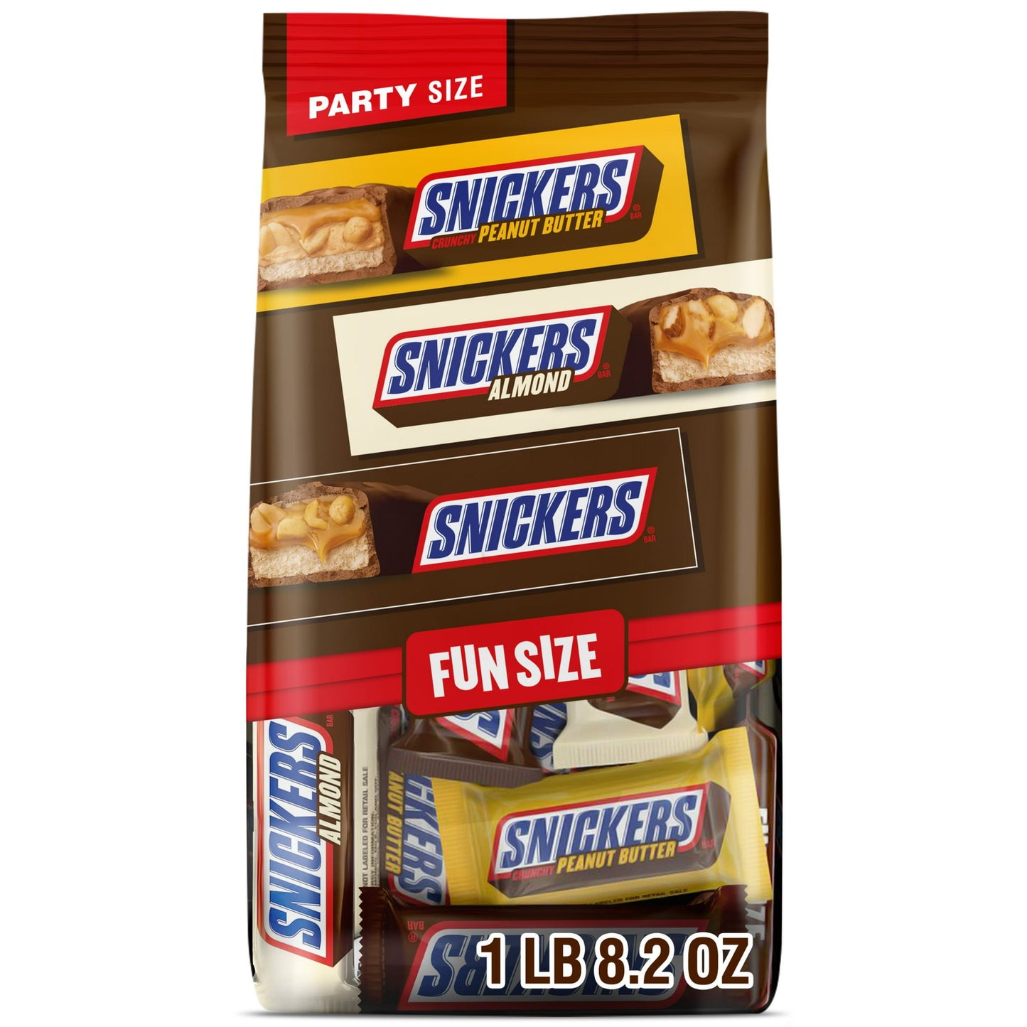 For many chocolate enthusiasts, the irresistible combination of caramel, nougat, and peanuts in a SNICKERS Candy Bar is a taste that's hard to beat. This bulk candy bag is sure to satisfy x 3. SNICKERS Fun Size Variety Mix contains three flavor pack options: SNICKERS Original, SNICKERS Peanut Butter, and SNICKERS Almond Chocolate Bars. Kiss Rookie mistakes goodbye with this party size bag filled with fun size individually wrapped candy bars. Add variety to goodie bags, party favors, and piñatas at your next