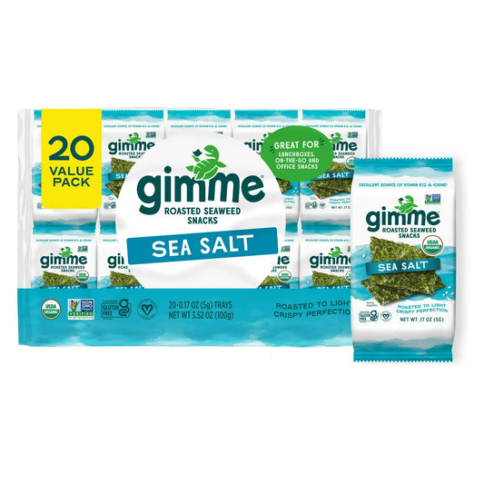 Introducing Gimme Seaweed's mouth-watering sea salt seaweed snacks - the perfect combination of salty and savory! Made with premium organic seaweed, roasted to crispy perfection using only organic sunflower oil. And just a pinch of sea salt for that extra burst of flavor. With only three simple ingredients, these snacks are not only delicious but also nutritious. Our sea salt seaweed snacks are a great alternative to traditional, greasy potato chips. They are naturally low in calories and fat, making them t