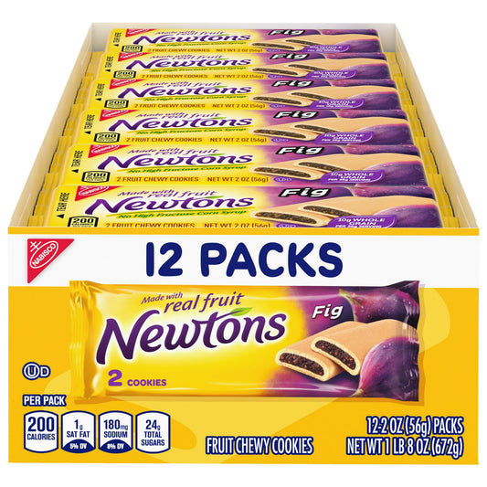 Newtons Soft and Fruit Chewy Fig Cookies are individually wrapped fig bars for on-the-go snacking. Made with real fruit, these rectangle-shaped cookies are soft and chewy, contain no high fructose corn syrup and have 10 grams of whole grains per 56 gram serving. Toss these fig bar cookie snack packs in your desk to avoid afternoon hunger or tuck these soft cookies into a lunchbox for a special treat or school snack. Individual snack packs keep these bulk chewy fig Newtons cookies fresh and easy to grab and 