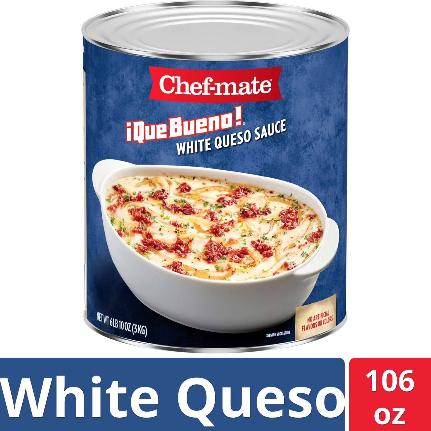 Chef-mate ¡Que Bueno! No Artificial Flavors or Colors White Queso Sauce, Chef-mate iQue Bueno! White Nacho Cheese Sauce is a thick and creamy, medium-heat sauce that delivers the big flavor of white cheddar liquid cheese, and the zesty spark of premium green chilies and jalapenos. This creamy nacho sauce is the perfect addition to all your favorite foods! Serve it in a Spicy Southern Scramble for breakfast, or add sauteed onions and cooked chorizo to make a delicious Queso Blanco Fundido appetizer.