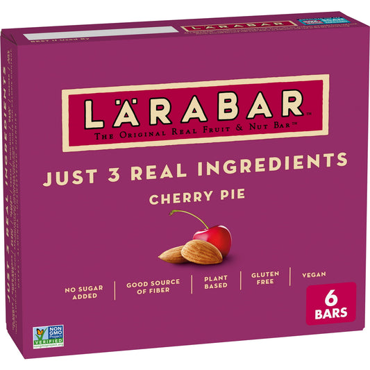 Eat clean with 100% real ingredients. Larabar makes simple and healthy snacks you can feel good about eating. With our simple blend of fruits, nuts & spices, clean eating just got a whole lot easier. Whether it's part of your breakfast or afternoon snack, this bar is an easy and delicious option that will lift your vitality and provide energy with every bite. Larabar Cherry Pie is made from just three simple ingredients: dates, almonds, and cherries and is Vegan, Gluten Free, Dairy Free, Kosher, Soy Free, N