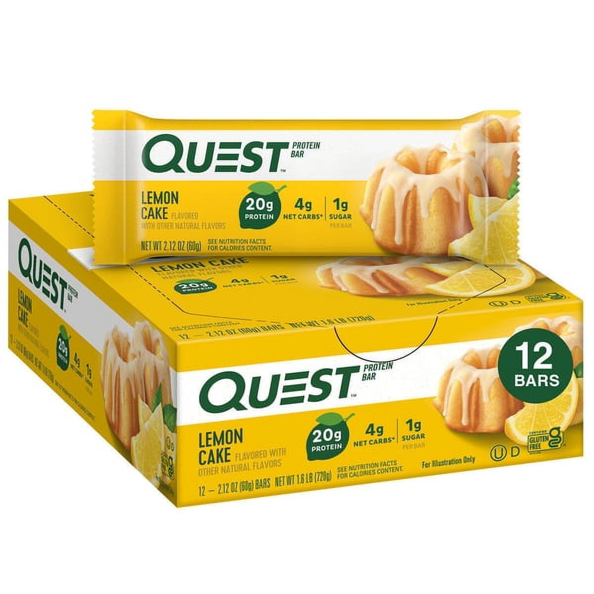 Quest Nutrition Lemon Cake protein bar is sweet and zesty Lemon Cake flavored protein bar topped with a sweet drizzle and vanilla cookie chunks throughout with 20g of protein and 1g of sugar. Covered in a sweet drizzle with vanilla cookie chunks throughout, you'll love the sweet and zesty taste of Quest Lemon Cake Protein Bar. Perfect for on the go snacking, quick breakfast bar, or after workout protein source. Every Quest product is rich in complete, dairy-based proteins to provide your body with the prote