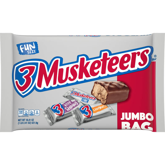 For a satisfyingly uplifting whipped up, fluffy chocolate treat, look no further than 3 MUSKETEERS candy bars. Each Fun Size 3 MUSKETEERS chocolate bar has a light, fluffy, whipped chocolate nougat center covered in rich milk chocolate. Individually wrapped bulk Fun Size candy bars are ideal for keeping the pantry stocked for movie night with the family and small celebrations with friends. These whipped chocolate-filled candy bars make great to-go treats. Pack them in lunches or take them along on family ro