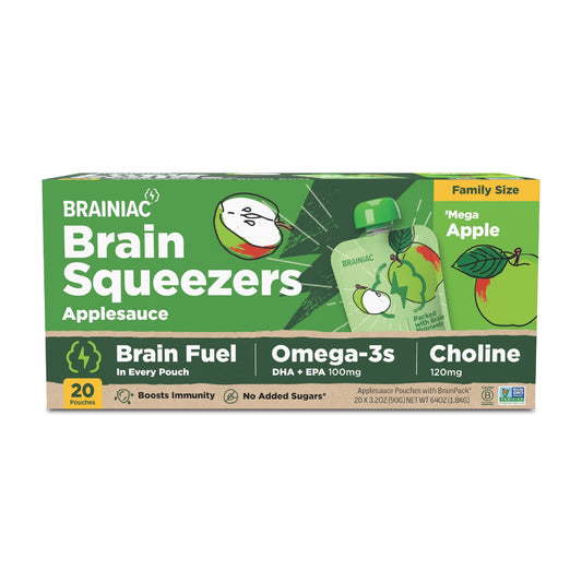 Brainiac Brain Squeezers are a smarter snack created by 2 dads, plus a team of expert neurologists, pediatricians, and nutritionists. Each BPA-free pouch of ‘Mega Apple Applesauce is packed with the brain nutrients growing minds need and often don’t get, in fact most kids only get ~20% of the brain health nutrition they need on the daily! Cue Brainiac Brain Squeezers - just one pouch provides kids with 60%+ of their recommended daily intake of Omega-3s and up to 100% of their daily choline. Plus, 25mg of Vi