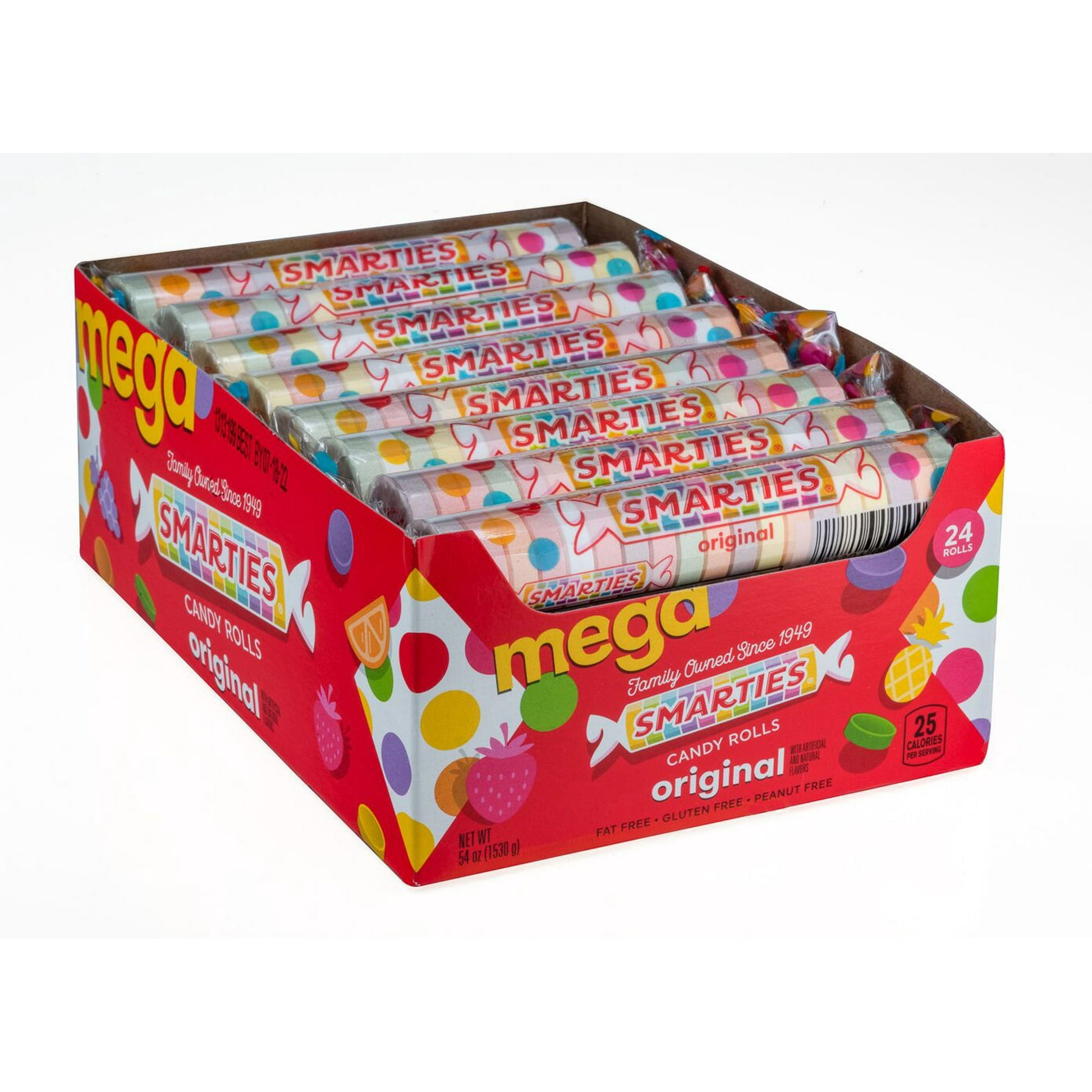 Mega Smarties Rolls are supersized, individually wrapped candy rolls.Smarties Candy rolls in orange creme, pineapple, cherry, strawberry, grape and orange flavor offer relishing taste. Candy rolls are gluten/peanut/nut free and form a perfect addition for parties, weddings, birthdays, giveaways and more. Individually wrapped. 2.25 oz. rolls. 24 rolls per box. Gluten-Free. Peanut Free. Nut Free. Vegan. Sold as 24/Box.