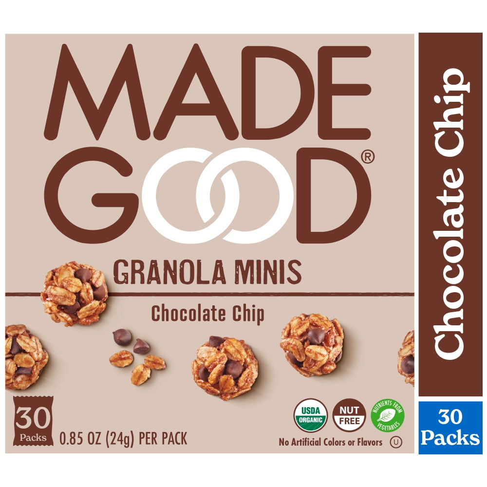 Made Good Chocolate Chip Mini 30 count. Keep your pantry full of the good stuff. Made Good® Chocolate Chip Granola Minis take all that is loved by the classic, like dark chocolate chips and sweet crispy oats. They are organic, gluten-free, free from most common allergens, and contain a serving of vegetables. All rolled up into the perfect mini size balls. Perfect for popping!