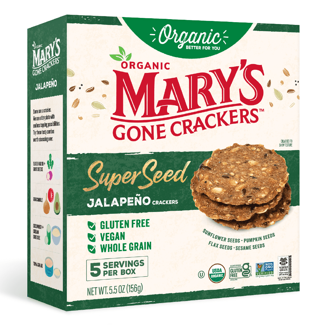 Introducing Mary’s Gone Crackers Super Seed Jalapeño Crackers – a delightful blend of medium heat and wholesome goodness. These gluten-free, plant-based protein crackers are crafted with a mix of organic seeds, including pumpkin, sunflower, flax, poppy, and sesame, delivering a satisfying crunch with every bite. Perfectly seasoned with just the right amount of jalapeño, they offer a spicy kick that elevates your snacking experience. Whether enjoyed alone or paired with your favorite toppings, these crackers