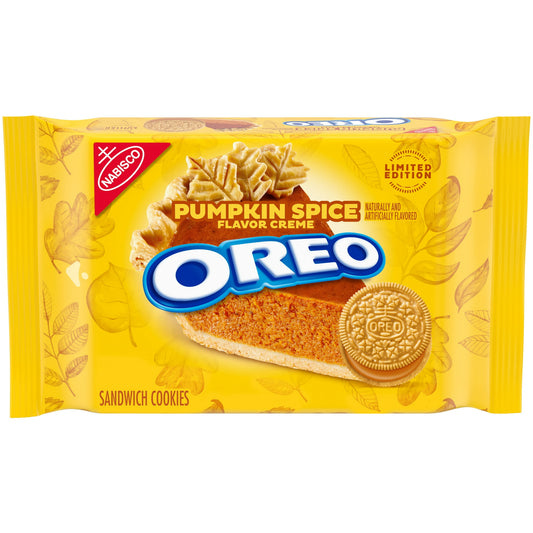 OREO Pumpkin Spice Sandwich Cookies are the classic, original snack cookies you’ve always known and loved, but with the unforgettable twist of pumpkin spice flavor creme to celebrate fall. These limited edition OREO cookies feature two golden wafers filled with a rich pumpkin spice flavored creme, making them supremely dunkable and delicious.