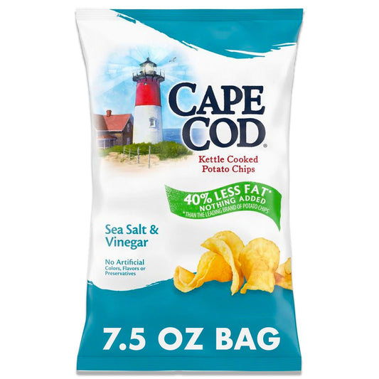 Cape Cod Kettle Cooked Potato Chips can’t stop at perfection. Our Sea Salt & Vinegar Chips are already a classic, with a touch more vinegar than the average chip. With this variety, you get all the great Cape Cod taste but with 40% less fat than the leading brand of potato chips because extra spin in the kettle removes excess oil for less fat, with nothing added. We take choice potatoes and slice them thick, cooking them in custom kettles, one batch at a time. Doing so at precisely the right temperature all