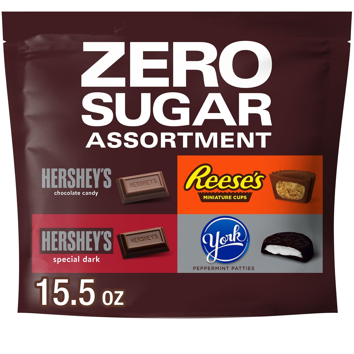 Enjoy a delicious chocolatey treat anytime and anywhere with HERSHEY'S, REESE'S and YORK Zero Sugar assorted chocolate candy, perfect for holidays, special events and everyday occasions. This assorted bag of sugar free chocolate candies contains HERSHEY'S SPECIAL DARK chocolate candy bars, HERSHEY'S chocolate candy bars, REESE'S chocolate candy and peanut butter cups and YORK chocolate candy covered peppermint patties.