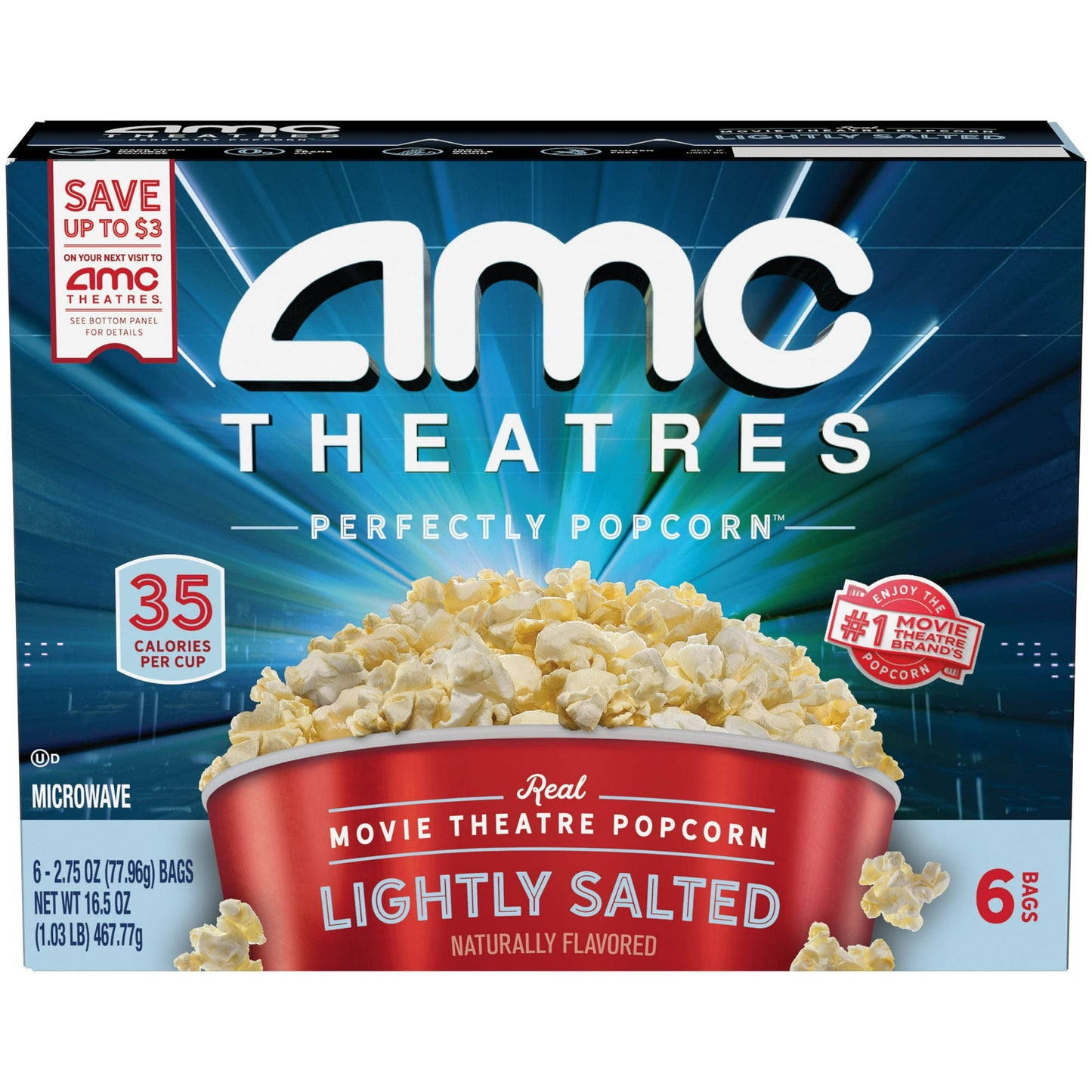 Make movie nights at home feel more magical with AMC Theatres Microwave Popcorn, Lightly Salted. Inspired by the rich, buttery taste and irresistible aroma of the famous AMC Theatres Perfectly Popcorn recipe, this flavor of our microwave popcorn delivers a lighter, lower sodium experience while keeping all the buttery flavor you love. We select the best kernels which pop bigger, eat more tender and leave fewer unpopped kernels in the bag. Contains Milk. Now you can enjoy real movie theatre popcorn at home o