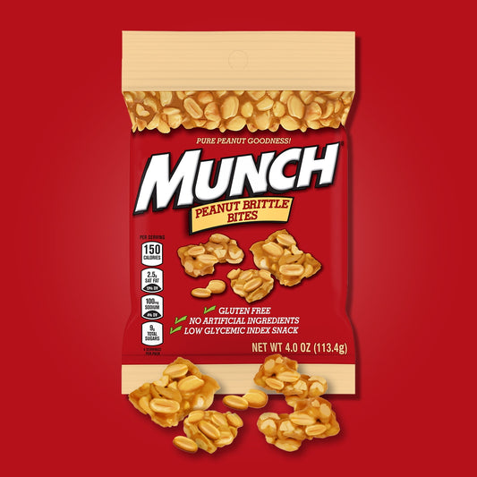 Each gluten-free MUNCH Peanut Bar Bite is made with all natural ingredients that provide a delicious taste you will love. Full of peanuts, MUNCH Peanut Bar Bites are also a satisfying treat for any time of day. Pack in your work lunch to brighten your afternoon or keep a bag on hand in your pantry to share with friends and family when they stop by to hang out. When you are looking for a great tasting and satisfying snack, try a MUNCH Peanut Bar Bites.