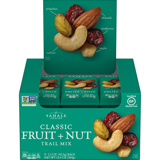 With its perfect balance of crunchy and chewy textures, Sahale Snacks Classic Fruit and Nut Trail Mix offers the delicious nourishment you need for your next adventure. This trail mix pairs dry-roasted almonds, cashews, and pistachios with sweetened apples and tart cranberries. Plus, this snack mix is Non-GMO Project Verified, gluten free, and made with no artificial flavors or artificial preservatives Delicious straight out of the bag, this mix also shines as an ingredient in your favorite recipes. Whether