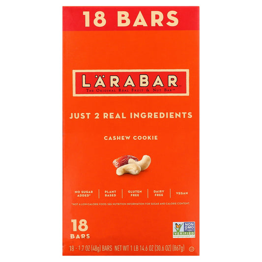 Eat clean with 100% real ingredients. Larabar makes simple and healthy snacks you can feel good about eating. With our simple blend of fruits, nuts & spices, clean eating just got a whole lot easier. Whether it's part of your breakfast or afternoon snack, this bar is an easy and delicious option that will lift your vitality and provide energy with every bite. Larabar Cashew Cookie is made from just two simple ingredients: cashews and dates and is Vegan, Gluten Free, Dairy Free, Kosher, Soy Free, and Non-GMO