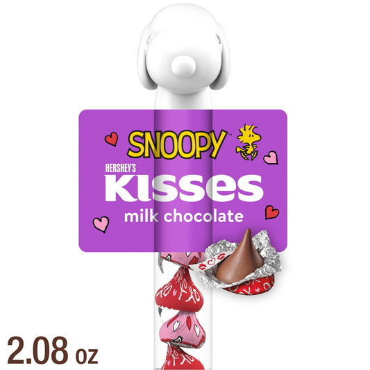 This HERSHEY'S KISSES milk chocolate candy featuring Snoopy™ and friends is the delicious treat you've always loved wrapped in fun Valentine's Day foils inside a plastic cane ready for gifting. Enjoy the taste of smooth, creamy bite size milk chocolate pieces anywhere and at any time. Filled with HERSHEY'S KISSES Valentine's Day candy dressed for the holiday in pink and red foils featuring Snoopy and friends, this plastic cane of chocolates is the perfect gift for loved ones for a special way to show and ce