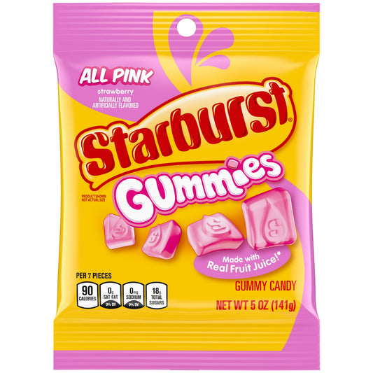 Get ready for a pink-tastic burst of strawberry delight with STARBURST All Pink Gummies. These gummies are your passport to a mouthwatering adventure, featuring the beloved strawberry flavor of a classic chewy STARBURST, but in a gummy form. A bag of STARBURST All Pink Gummies fits right in your bag for a juicy on the go treat or at your desk for the moment you need a burst of bold strawberry flavor to finish your day. STARBURST Gummeis are also the perfect treat your friends will love each chew as you pass