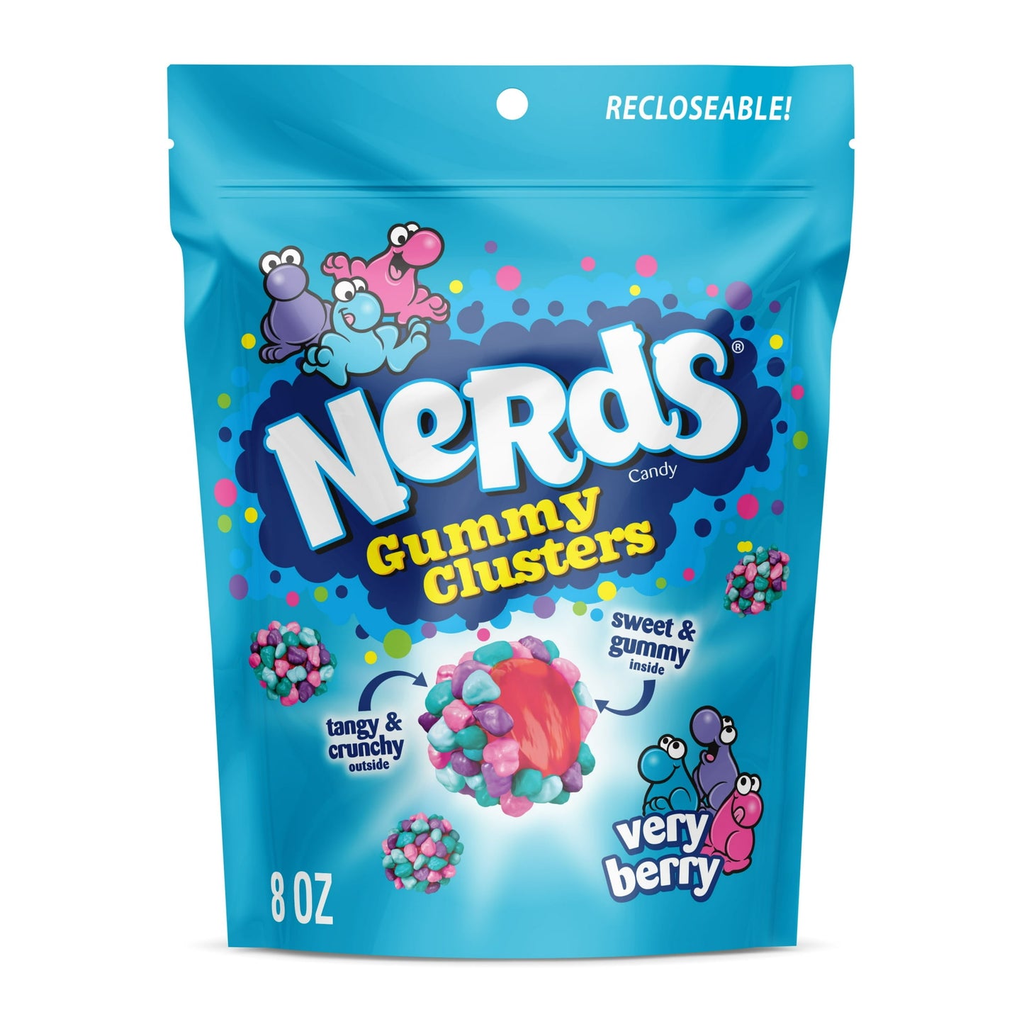 Crunchy, gummy, tangy — it's all coming together to provide a truly craveable experience in every bite of NERDS Very Berry Gummy Clusters. Candy lovers have been waiting for this one-of-a-kind poppable treat, with Very Berry NERDS candy surrounding a fruity gummy center. Experience the delectable candy revolution. NERDS Gummy Clusters candy deliver multiple textures and flavors, taking hungry fans on a taste-filled journey as they chew. This candy fuels fun for every occasion, so what are you waiting for? H