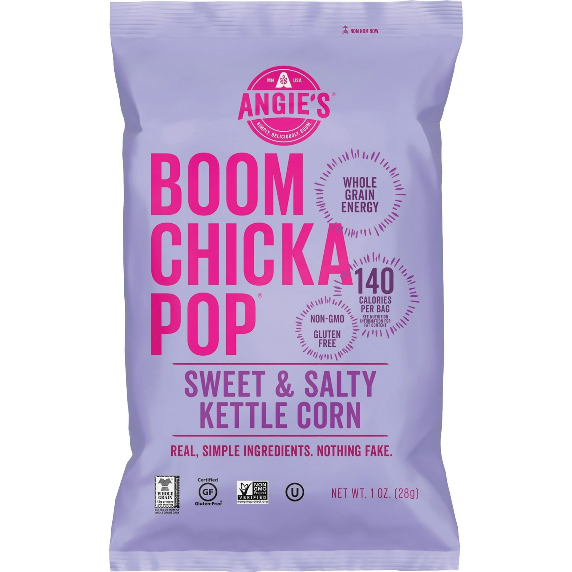 BOOM CHICKA POP is a snack you can feel good about eating. Sweet & Salty Kettle Corn flavor combines whole grain popcorn and great taste. It only contains 140 calories a serving. This non-GMO popcorn is gluten-free and cholesterol-free. Angie's BOOMCHICKAPOP Popcorn, 24 / Carton (Quantity)