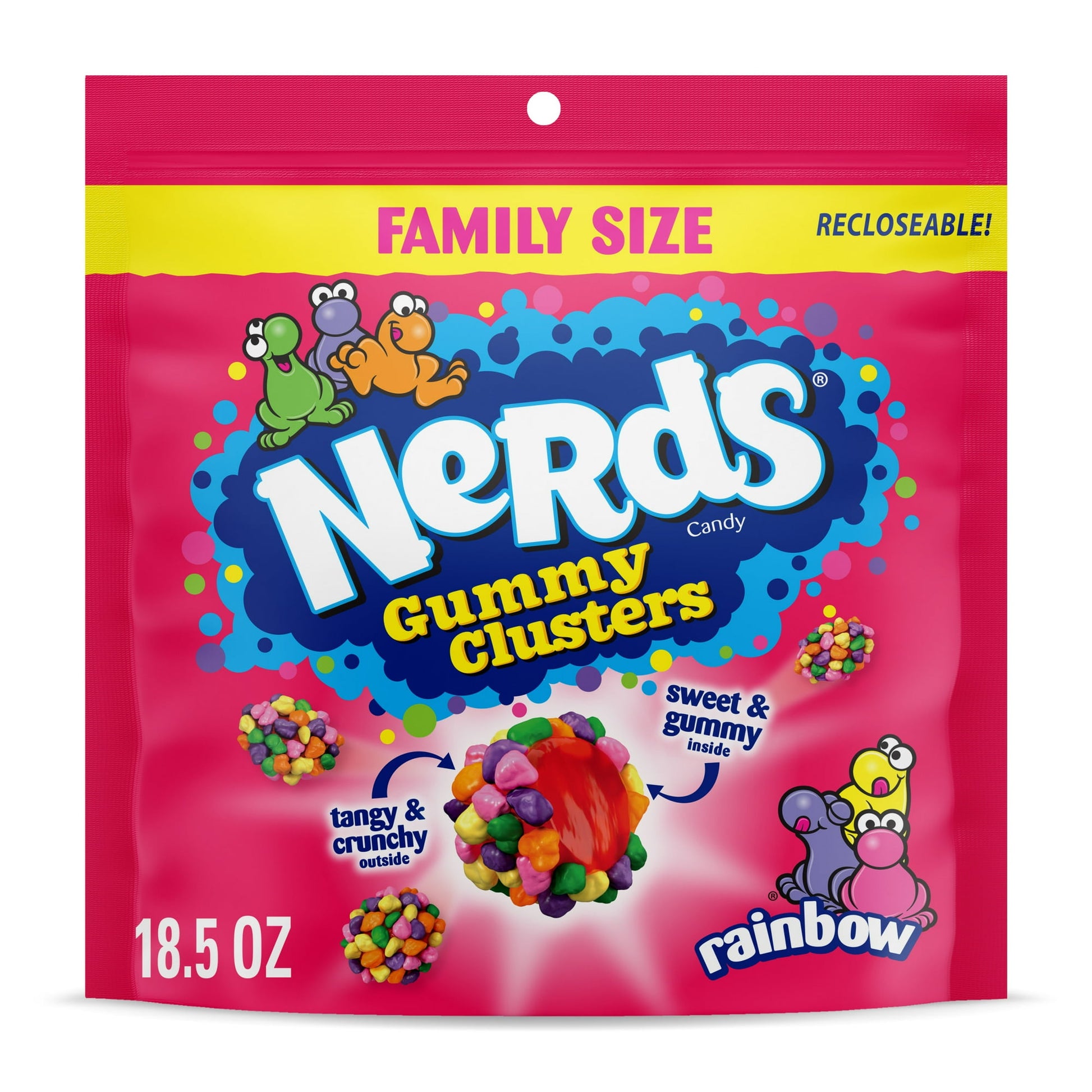 Crunchy, gummy, tangy — it's all coming together to provide a truly craveable experience in every bite of NERDS Gummy Clusters. Candy lovers have been waiting for this one-of-a-kind poppable treat, with Rainbow NERDS candy surrounding a fruity gummy center. Experience the delectable candy revolution. NERDS Gummy Clusters candy deliver multiple textures and flavors, taking hungry fans on a taste-filled journey as they chew. This candy fuels fun for every occasion, so what are you waiting for? Haven’t we told