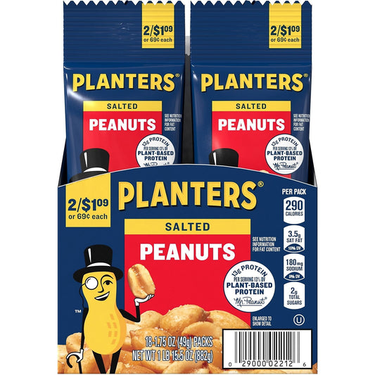 A Planters original, these salted peanuts are seasoned with pure sea salt Each peanut is carefully skinned and peeled and then finely seasoned with sea salt to enhance the natural nut flavor. Planters Salted Peanuts are a snacking staple. - Stock your pantry with this 18-pack of conveniently sized 1.75 oz. bags.