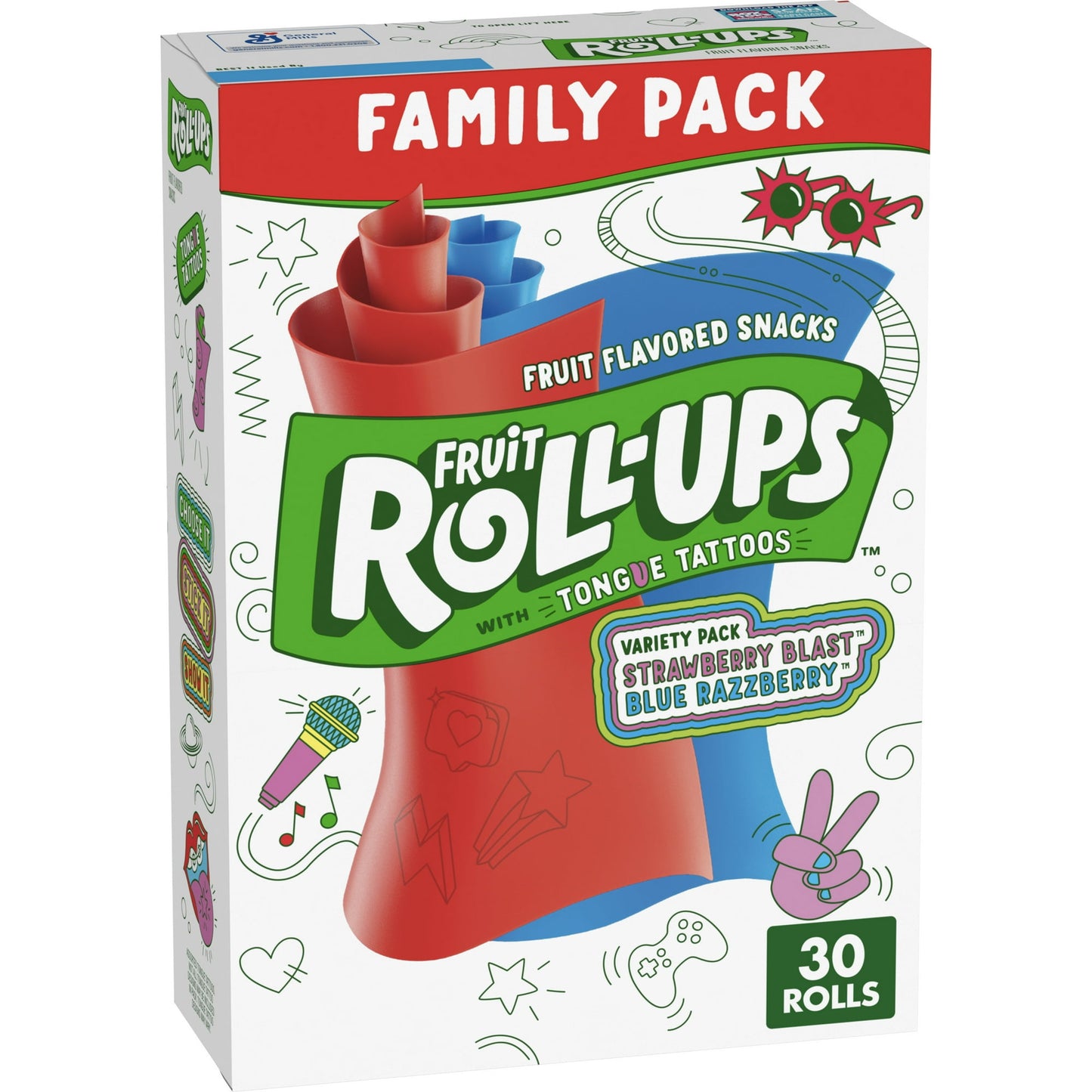 Fruit Roll-Ups Variety Pack features Strawberry Sensation and Blue Raspberry flavors. With wild flavors and colors, the possibilities for fun are endless. These individually wrapped snack bags are the perfect treat to include in a packed school lunch box. Each roll comes with an assortment of tongue tattoos for wacky fun. These tasty gummy treats are made without gluten, gelatin, or artificial flavors. This variety pack contains vitamin C for snacks you can feel great about. They are the perfect addition to